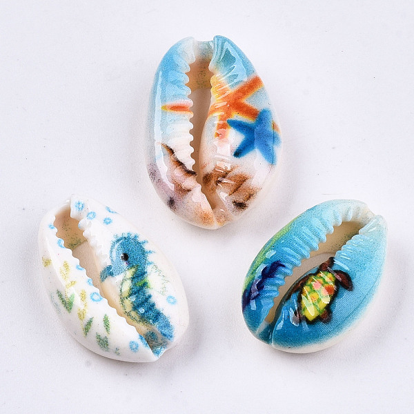 

PandaHall Printed Natural Cowrie Shell Beads, No Hole/Undrilled, with Marine Organism Pattern, Mixed Color, 18~22x13~14x6~8mm Cowrie Shell..., Multicolor