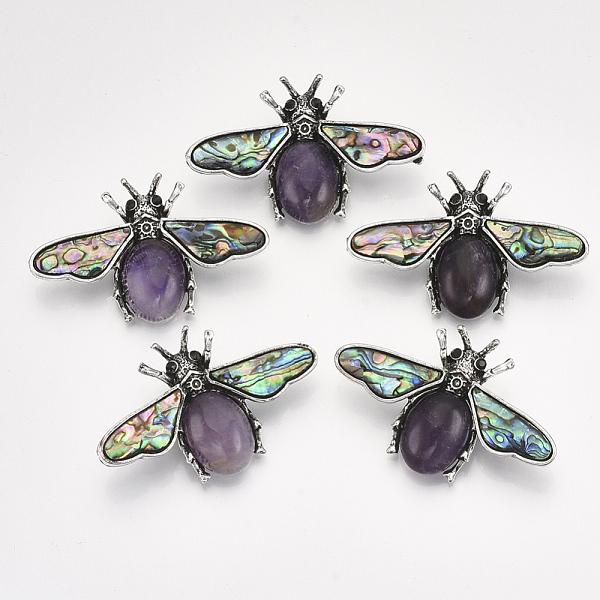 

PandaHall Natural Amethyst Brooches/Pendants, with Rhinestone and Alloy Findings, Abalone Shell/Paua Shelland Resin Bottom, Bee, Antique..., Black