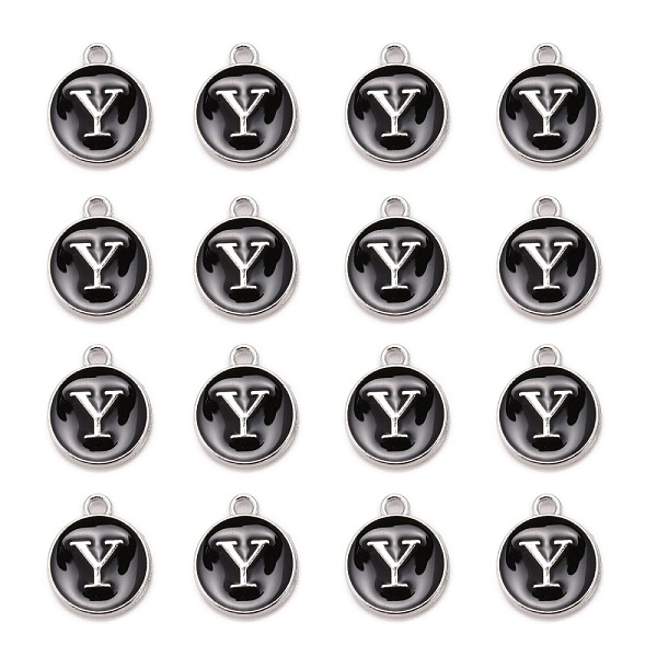 

PandaHall Platinum Plated Alloy Charms, Cadmium Free & Lead Free, with Enamel, Enamelled Sequins, Flat Round with Letter, Letter.Y..., Black