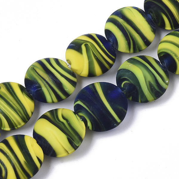 

PandaHall Handmade Frosted Lampwork Beads Strands, Stripe Beads, Flat Round, Yellow Green, 15~16x7.5~8mm, Hole: 1.2mm, about 35pcs/Strand...