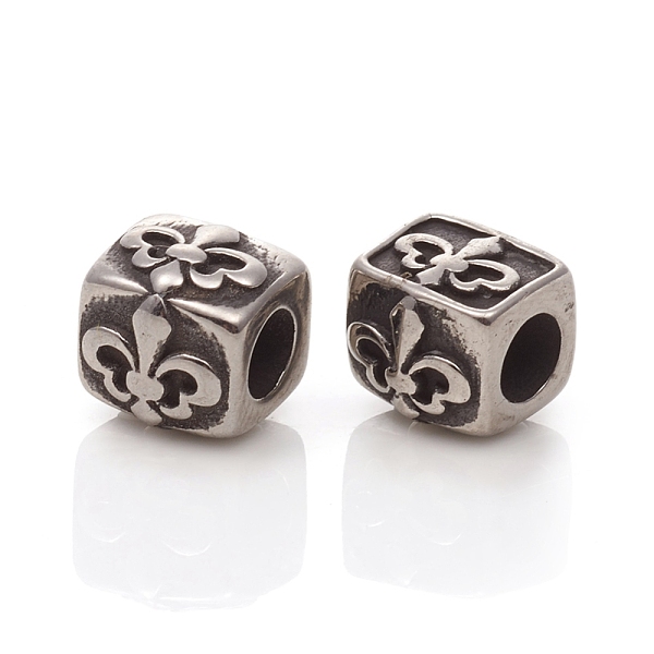 PandaHall 304 Stainless Steel European Beads, Large Hole Beads, Cuboid with Fleur De Lis, Antique Silver, 7.5x8x7~7.5mm, Hole: 4mm 304...