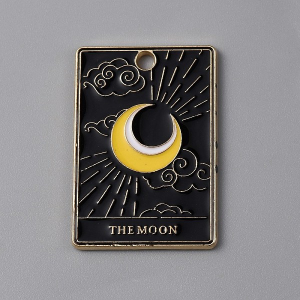 

PandaHall Halloween Alloy Enamel Pendants, Rectangle with Tarot Pattern, Light Gold, Moon, 28x19x1.3mm, Hole: 2mm Alloy+Enamel Moon Black