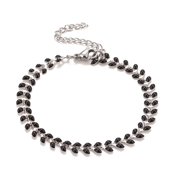 

PandaHall Enamel Wheat Link Chains Bracelet, 304 Stainless Steel Jewelry for Women, Stainless Steel Color, Black, 6-7/8 inch(17.5cm) 304...