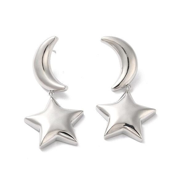 

PandaHall Long-Lasting Plated Brass Star and Moon Dangle Stud Earrings for Women, Cadmium Free & Lead Free, Real Platinum Plated, 49mm, Pin...