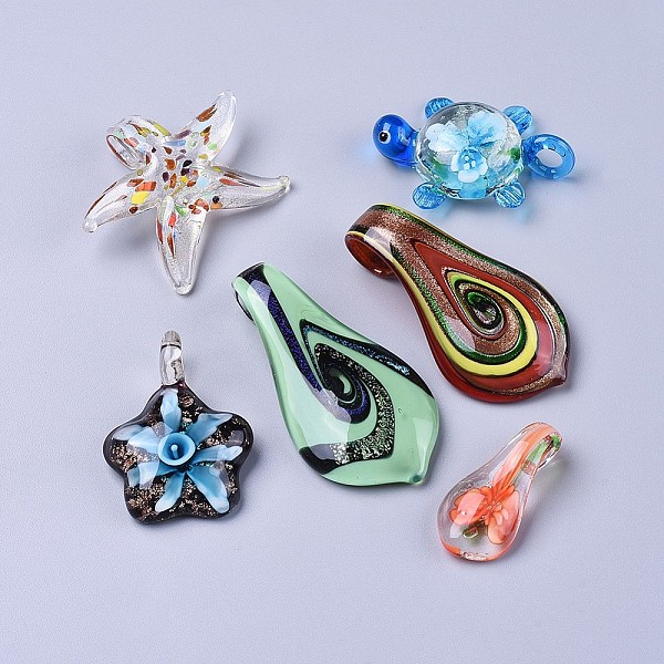 

PandaHall Handmade Lampwork Pendants, Mixed Shapes, Mixed Color, 35~61x17~49x6.5~10mm, Hole: 4~9mm, about 5pcs/bag Lampwork Mixed Shapes..., Multicolor