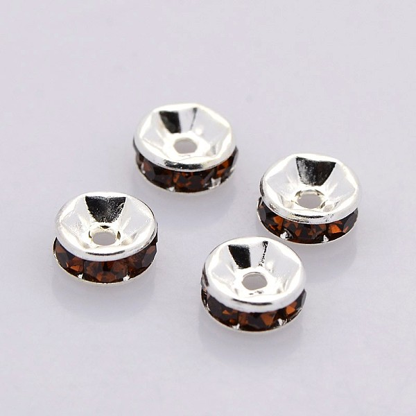 

PandaHall Brass Rhinestone Spacer Beads, Grade A, Straight Flange, Silver Color Plated, Rondelle, Coffee, 6x3mm, Hole: 1mm Brass+Rhinestone..., Brown