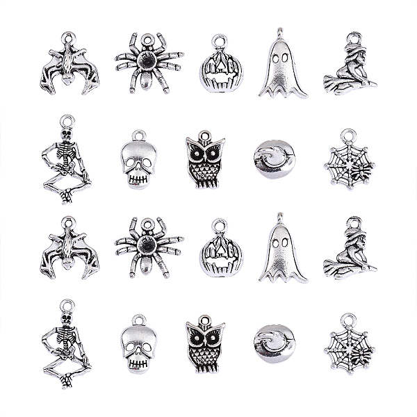 

PandaHall 100pcs 10 Style Tibetan Style Alloy Charms, Lead Free & Cadmium Free, for Halloween, Spider & Punk & Skull & Witch & Ghost...