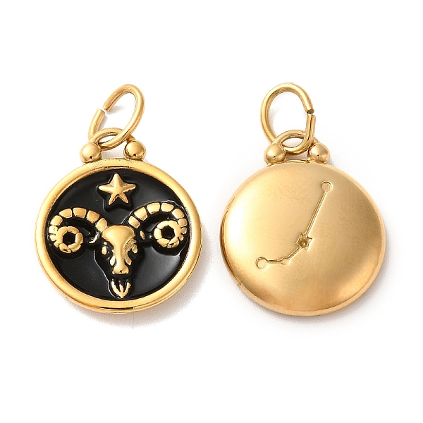 

PandaHall Ion Plating(IP) 304 Stainless Steel Enamel Pendants, with Jump Ring, Flat Round with Constellation, Golden, Aries..., Black