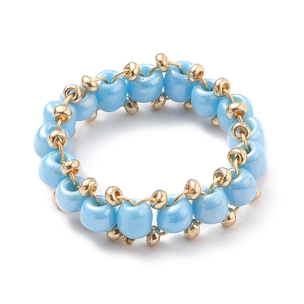 

PandaHall Round Glass Seed Beaded Finger Rings, with Real 18K Gold Plated Copper Wire, Light Sky Blue, US Size 10 3/4(20.3mm) Glass