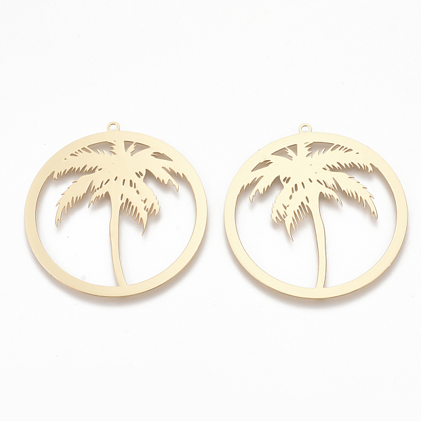 

PandaHall Brass Pendants, Etched Metal Embellishments, Flat Round with Coconut Tree, Light Gold, 37x35x0.3mm, Hole: 1.2mm Brass Flat Round