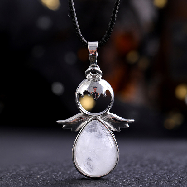 

PandaHall Angel Wings Crystal Teardropt Pendant Necklaces Natural Gemstone White