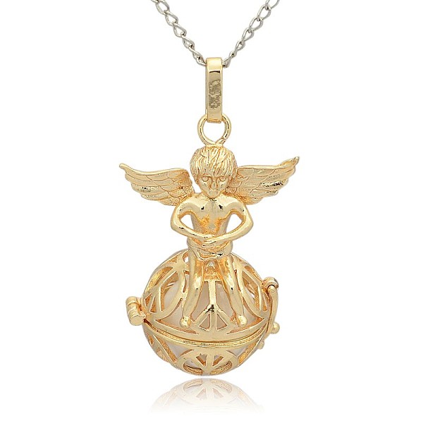 

PandaHall Golden Tone Brass Hollow Round Cage Pendants, with No Hole Spray Painted Brass Round Ball Beads, Round with Angel, White...