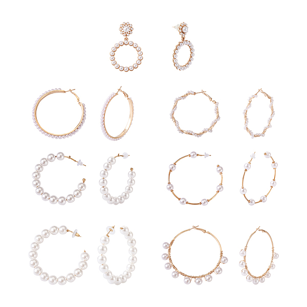 

PandaHall Kissitty 7 Pairs 7 Style Resin Pearl Beaded C-shape & Ring Dangle Stud Earrings, Alloy Big Hoop Earrings for Women, Golden...