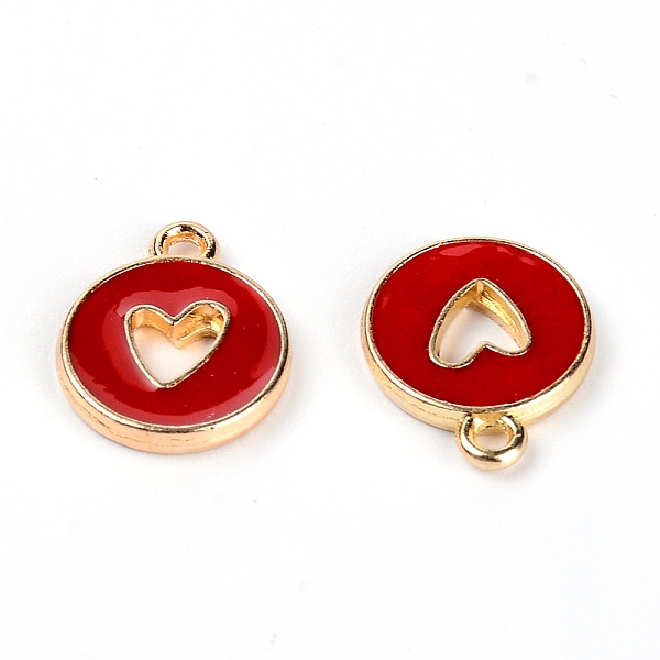 

PandaHall Zinc Alloy Enamel Charms, Flat Round with Hollow Heart, Light Gold, Red, 14x12x2mm, Hole: 1.5mm Alloy+Enamel Flat Round Red