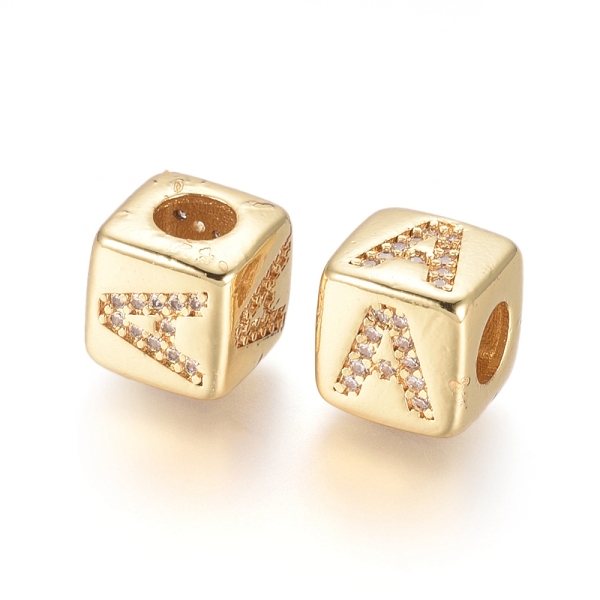 

PandaHall Brass Micro Pave Cubic Zirconia European Beads, Horizontal Hole, Large Hole Beads, Long-Lasting Plated, Cube with Letter, Golden..., Clear