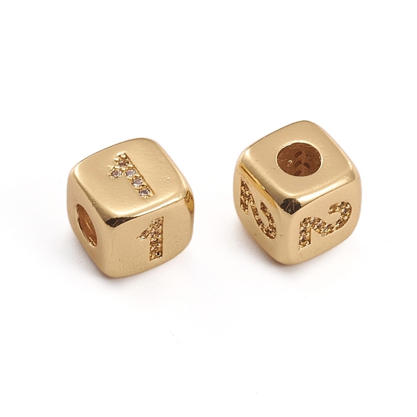 

PandaHall Brass Micro Pave Clear Cubic Zirconia Beads, Cube with Number, Golden, 8.5x8.5x8.5mm, Hole: 3.5mm Brass+Cubic Zirconia Number...