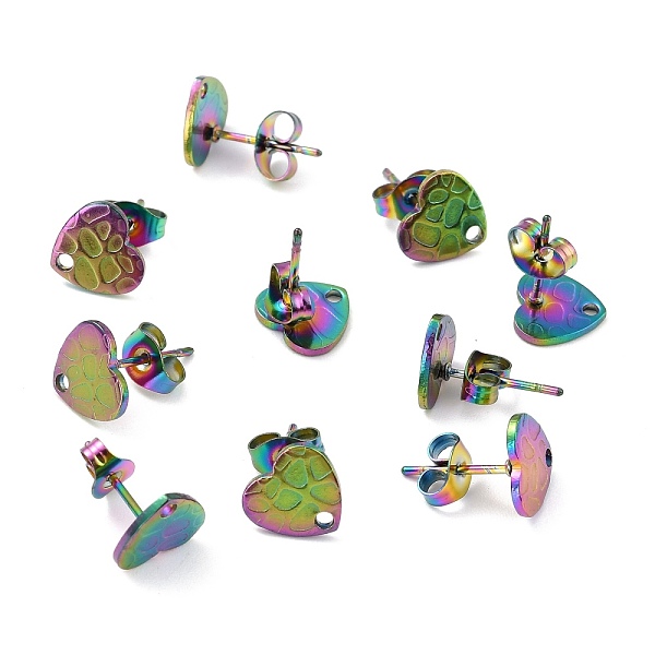 

PandaHall Ion Plating(IP) 304 Stainless Steel Stud Earring Findings, with Ear Nuts, Textured Heart, Rainbow Color, 8x9mm, Hole: 1.4mm, Pin...