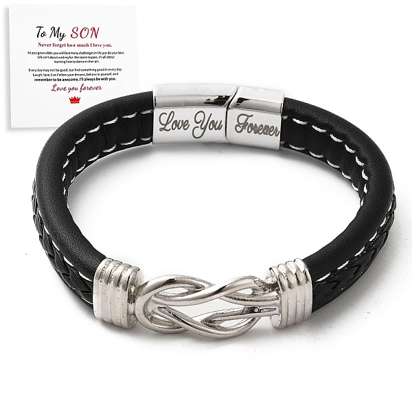 

PandaHall Word Love You Forever Stainless Steel Interlocking Knot Link Bracelet, Braided Leather Wristband Gifts for Son, Black, 8-7/8 inch...