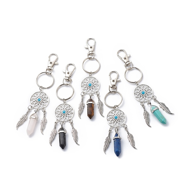 

PandaHall Woven Net/Web with Feather Alloy Pendant Decorations, with Natural Double Terminated Pointed Gemstone Charms, Antique Silver &...