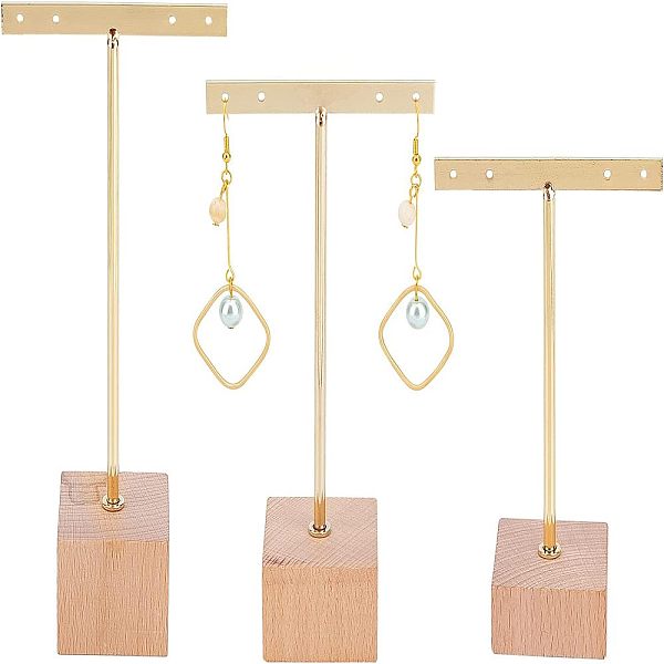 FINGERINSPIRE 3 Pcs Gold Metal T Bar Earring Display Stand with Wooden Base 4 Holes Jewelry Holders Hanging Earring Organizer for Store Retail Photography Propsï¼ˆSquare Base,119 & 141 & 161mm Heightï¼‰