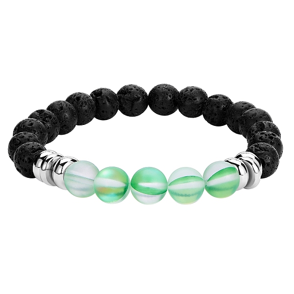 

PandaHall Synthetic Moonstone & Natural Lava Rock Round Beaded Stretch Bracelet, Essential Oil Gemstone Jewelry for Women, Green, Inner...