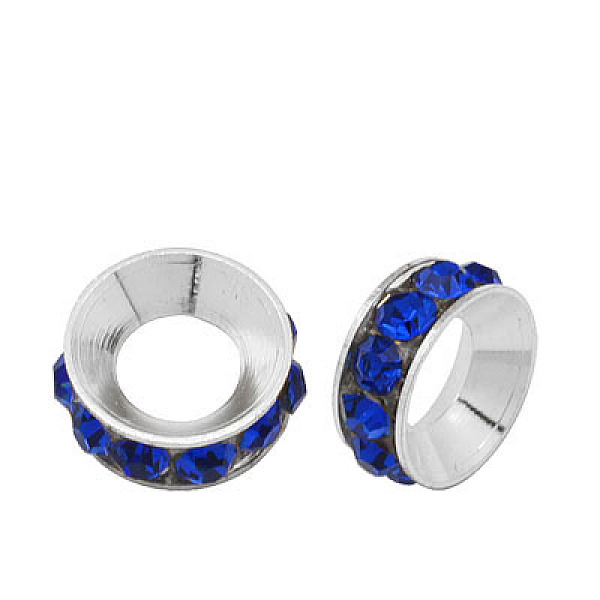 

PandaHall Brass Rhinestone Spacer Beads, Grade A, Rondelle, Silver Color Plated, Sapphire, 9x4mm Brass+Rhinestone Rondelle Blue