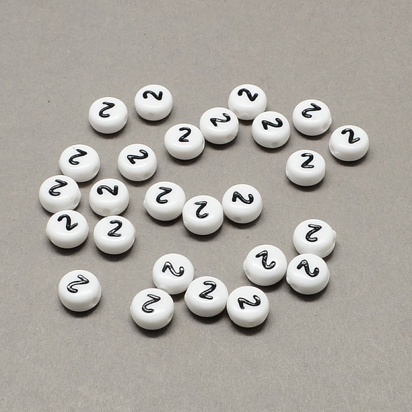 

PandaHall White and Black Acrylic , Flat Round with Num.2, 7x4mm, Hole: 1.3mm, about 3600pcs/500g Acrylic Number Black
