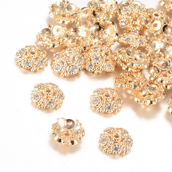 

PandaHall Apetalous Brass Bead Caps, with Rhinestone, Light Gold, 7.5x2.5mm, Hole: 1mm Brass+Rhinestone Clear