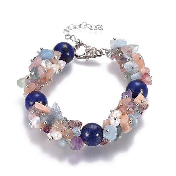 

PandaHall Natural Mixed Stone and Lapis Lazuli(Dyed) Beads Bracelets, with Natural Pearls and Alloy Lobster Claw Clasps, Packing Box, 7-1/2..., Multicolor