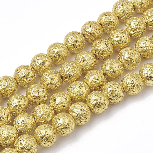 

PandaHall Electroplated Natural Lava Rock Beads Strands, Round, Bumpy, Gold, 8~8.5mm, Hole: 1mm, about 46pcs/strand, 14.5 inch Lava Rock...