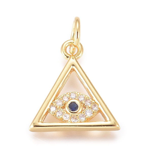 

PandaHall Brass Micro Pave Cubic Zirconia Pendants, with Jump Ring, Triangle with Evil Eye, Clear, Golden, 13x12x2mm, Hole: 2.4mm...