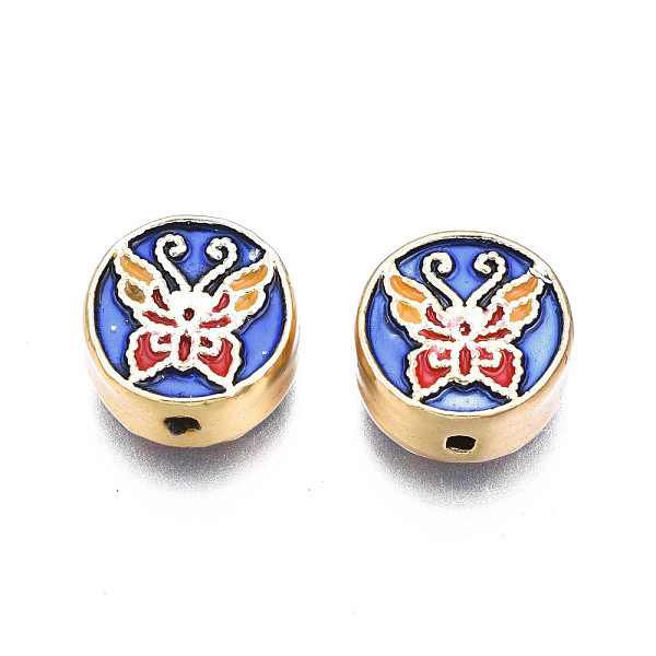 

PandaHall Rack Plating Alloy Enamel Beadss, Cadmium Free & Lead Free, Light Gold, Flat Round with Butterfly, Royal Blue, 10x4.5mm, Hole...