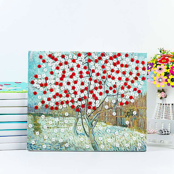 PandaHall Creative DIY Plum Tree Pattern Resin Button Art, with Canvas Painting Paper and Wood Frame, Educational Craft Painting Sticky Toys...