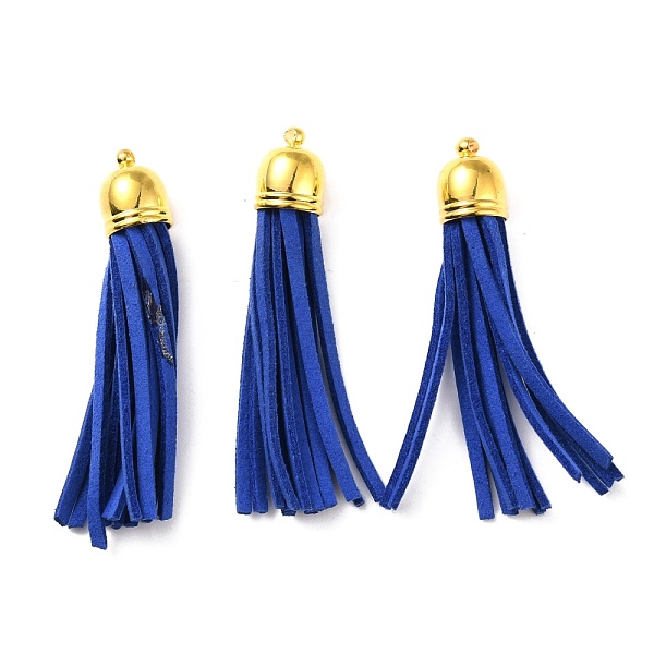 PandaHall (Defective Closeout Sale: Oxidized) Golden Brass Suede Tassels Big Pendants, for Cell Phone Straps Making, Blue, 66x20mm, Hole...