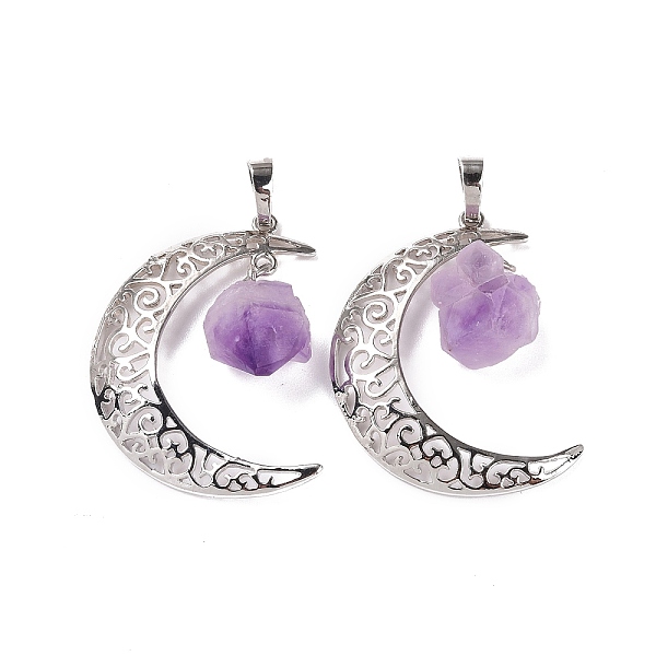

PandaHall Natural Amethyst Nuggets Pendants, Moon Charms, with Platinum Plated Brass Findings, 38.5~40x27~28x2mm, Hole: 7x5mm Amethyst Moon