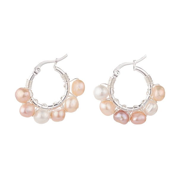 

PandaHall Natural Pearl Wire Wrapped Beaded Hoop Earrings for Women, Silver, Seashell Color, 28x30x8mm, Pin: 0.8mm Pearl Ring