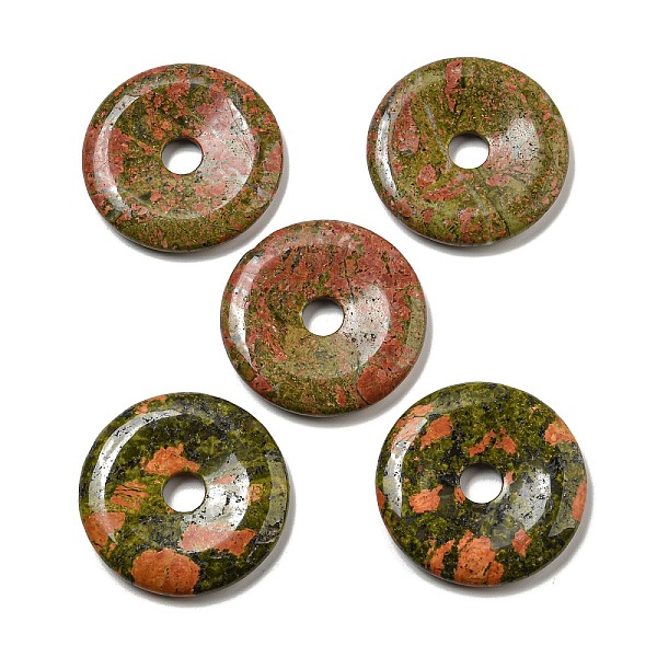 

PandaHall Natural Unakite Pendants, Donut/Pi Disc Charms, 50x6.5~7.5mm, Hole: 10mm Unakite Donut