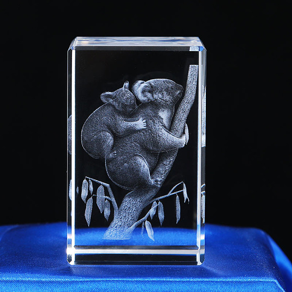 PandaHall 3D Laser Engraving Animal Glass Figurine, for Home Office Desktop Ornaments, Cuboid, Koala, 39.5x39.5x59.5mm Glass Koala Clear