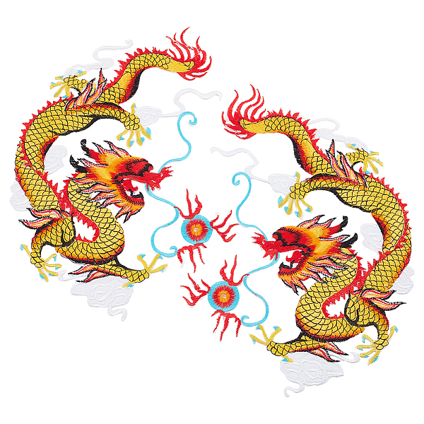 

PandaHall Dragon Computerized Embroidery Cloth Iron on/Sew on Patches, Costume Accessories, Gold, 272x204x1mm, 2pcs/set Cloth Dragon Gold