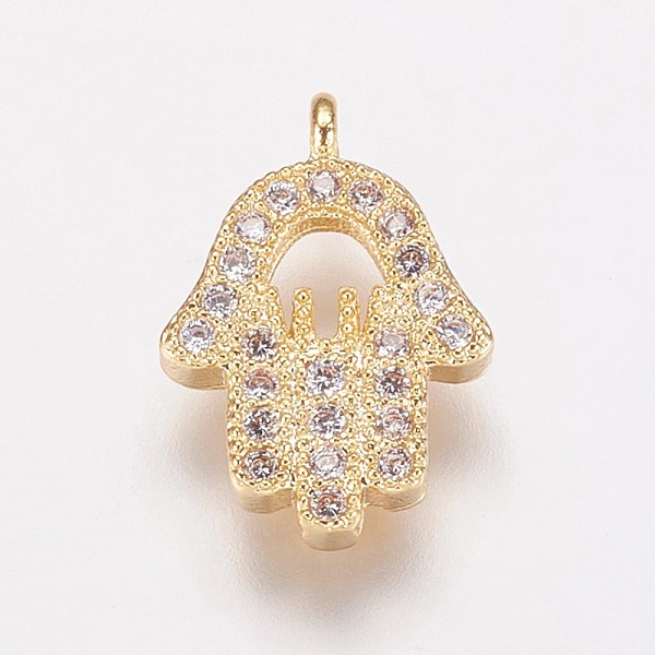 

PandaHall Brass Cubic Zirconia Charms, Hamsa Hand/Hand of Fatima/Hand of Miriam, Golden, 12.5x8.5x2mm, Hole: 1mm Brass+Cubic Zirconia Palm..., Clear