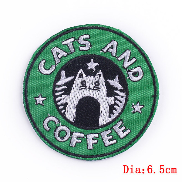 

PandaHall Cat Theme Computerized Embroidery Cloth Iron on/Sew on Patches, Costume Accessories, Medium Sea Green, 65mm Cloth Round