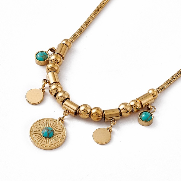 

PandaHall Synthetic Turquoise Pendant Necklace with 304 Stainless Steel Round Snake Chains, Golden, Round Pattern, 15.75 inch(40cm)...