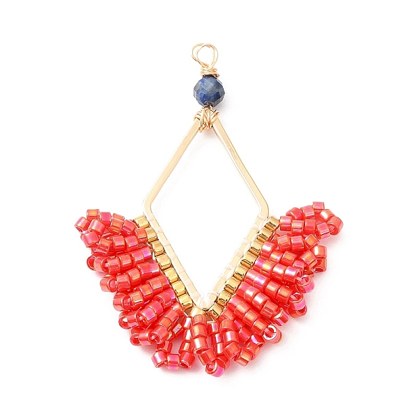

PandaHall Glass Seed Beaded Pendants, Copper Wire Wrapped, with Brass Frame, Rhombus Charms, Red, 37~38.5x27~28x3.5mm, Hole: 1.6mm...