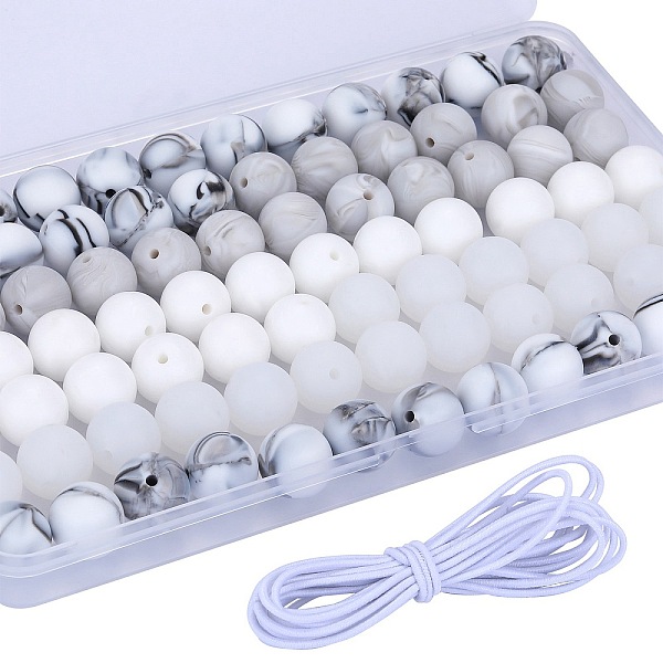 80Pcs 4 Style Round Silicone Focal Beads, Chewing Beads For Teethers, DIY Nursing Necklaces Making, with 2M Core Spun Elastic Cord, White, 15mm, Hole: 2mm, 20pcs/style