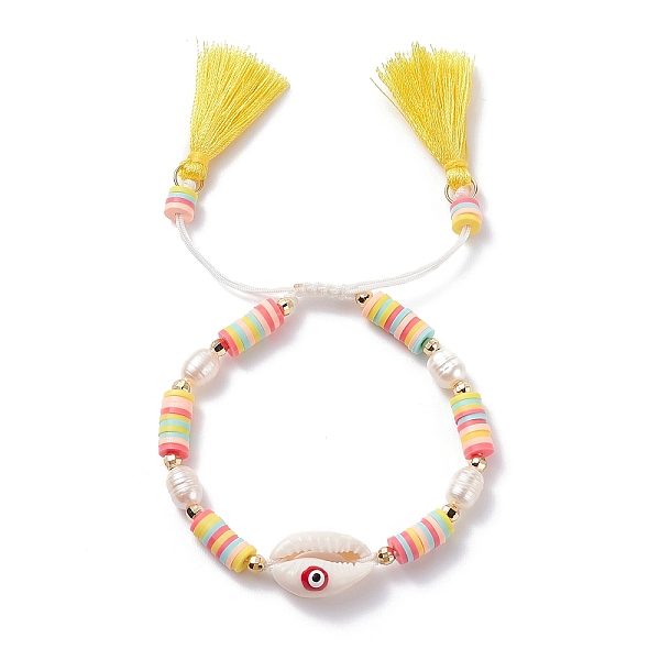 

PandaHall Natual Shell with Evil Eye & Pearl Braided Bead Bracelet, Heishi Beads Bracelet with Double Tassel Charm for Women, Yellow, Inner...