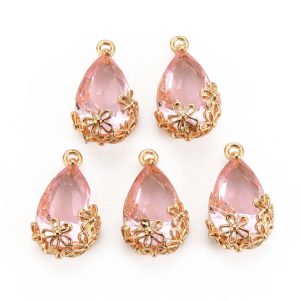 

PandaHall Transparent Glass Pendants, for DIY Jewelry Making, with Brass Findings, Faceted, Teardrop with Flower, Light Gold, Pink, 16x9x6mm...