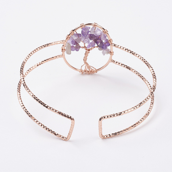 

PandaHall Natural Amethyst Chip Bead Cuff Bangles, with Rose Gold Tone Brass Findings, (2 inchx2-1/4 inch~2-3/8 inch)50x58~62mm Amethyst