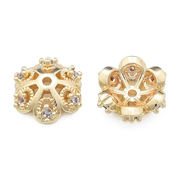 

PandaHall Brass Micro Pave Clear Cubic Zirconia Fancy Bead Caps, Nickel Free, 5-Petal, Clear, Flower, Real 14K Gold Plated, 9.5x9.5x3mm...