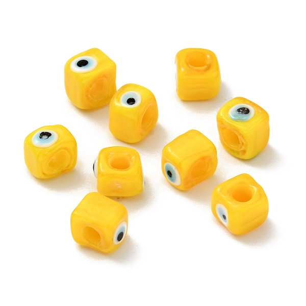 

PandaHall Handmade Evil Eye Lampwork European Beads, Large Hole Beads, Cube, Gold, 8~9x9~10x9~10mm, Hole: 4.3mm Lampwork Cube Gold