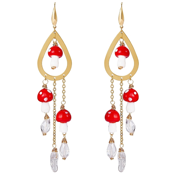 

PandaHall Natural Quartz Crystal Teardrop & Lampwork Mushroom Chandelier Earrings, Golden 316 Surgical Stainless Steel Long Tassel Drop..., Red